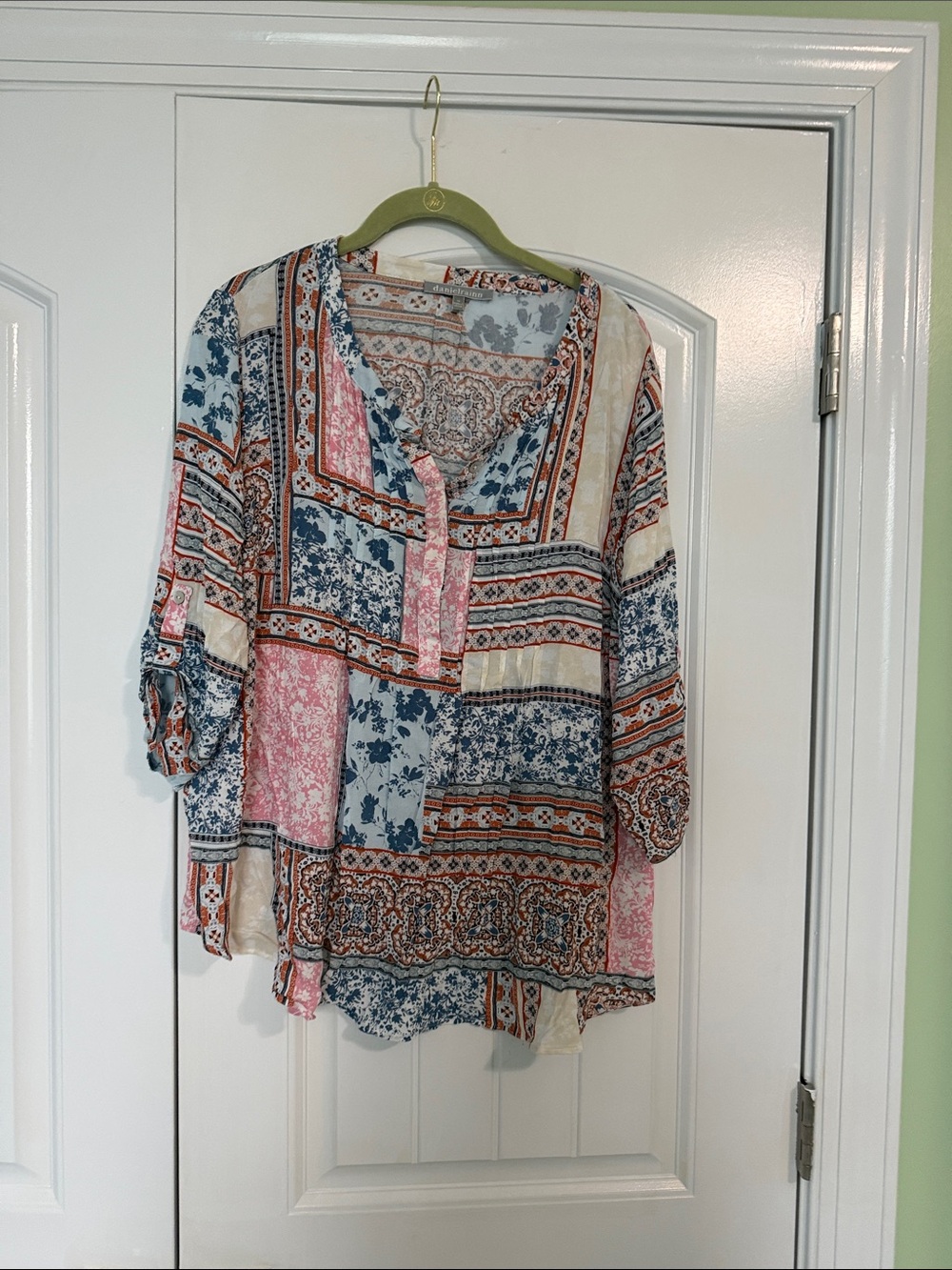 Daniel Rainn Patchwork Floral Button-Front Tunic in Pink, Blue, Cream